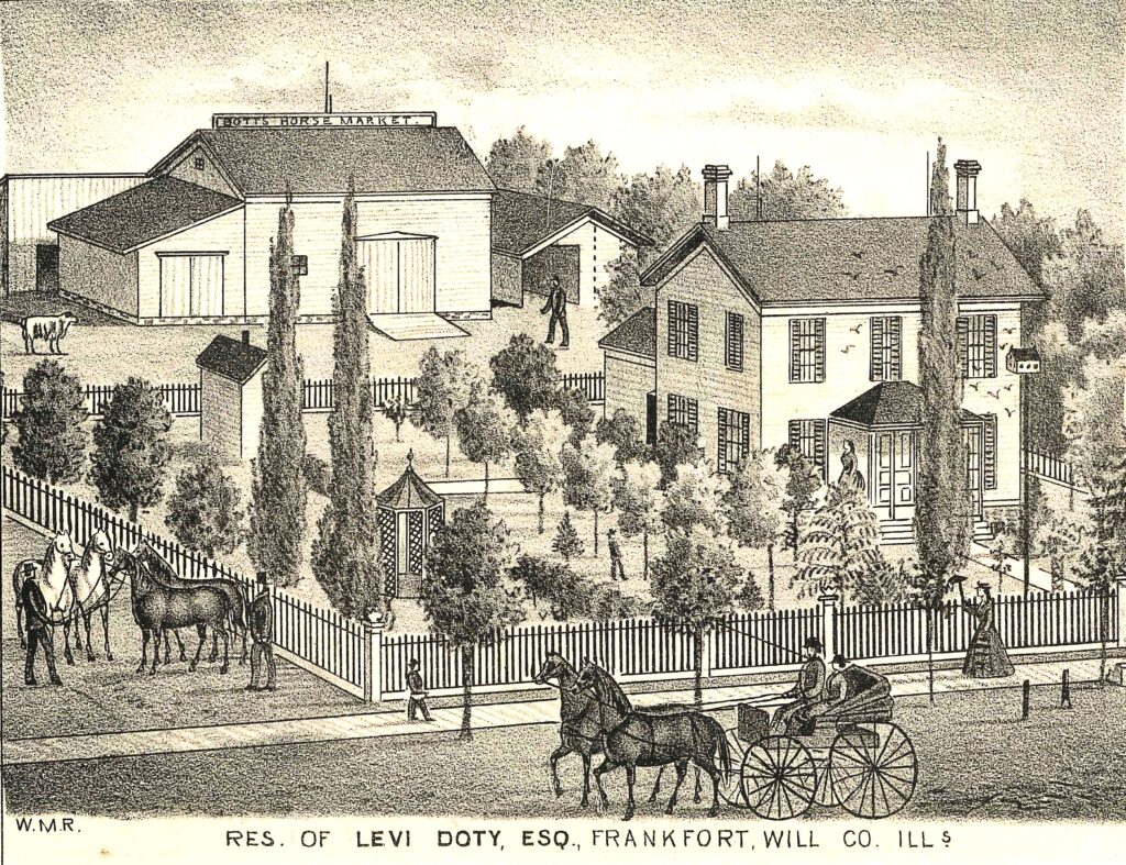 012-Doty A litho from the Will County Atlas 1873 depicting Levi Doty's home. He is mentioned as a man who had fine horses in the Frankfort area.