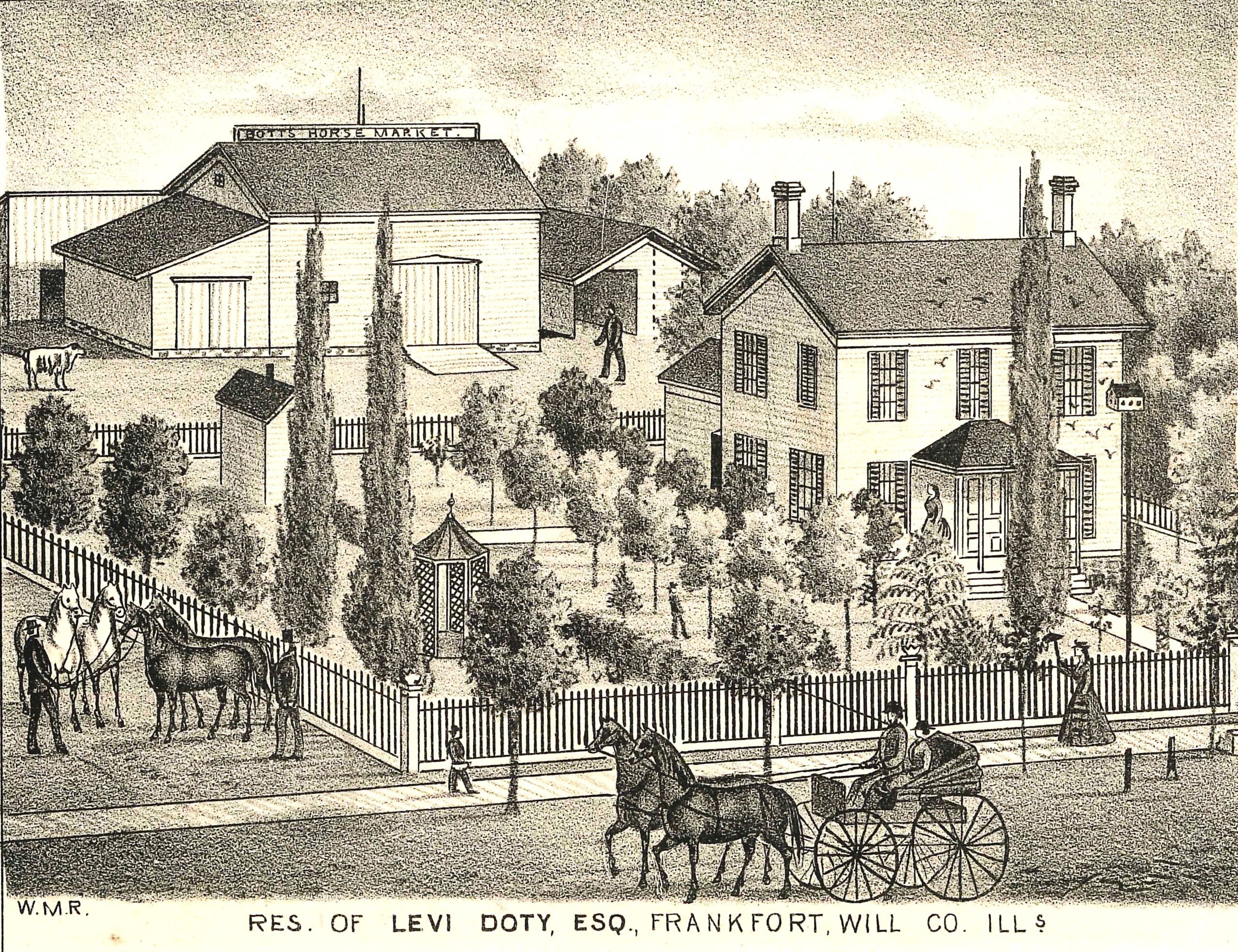 A litho from the Will County Atlas 1873 depicting Levi Doty's home. He is mentioned as a man who had fine horses in the Frankfort area.