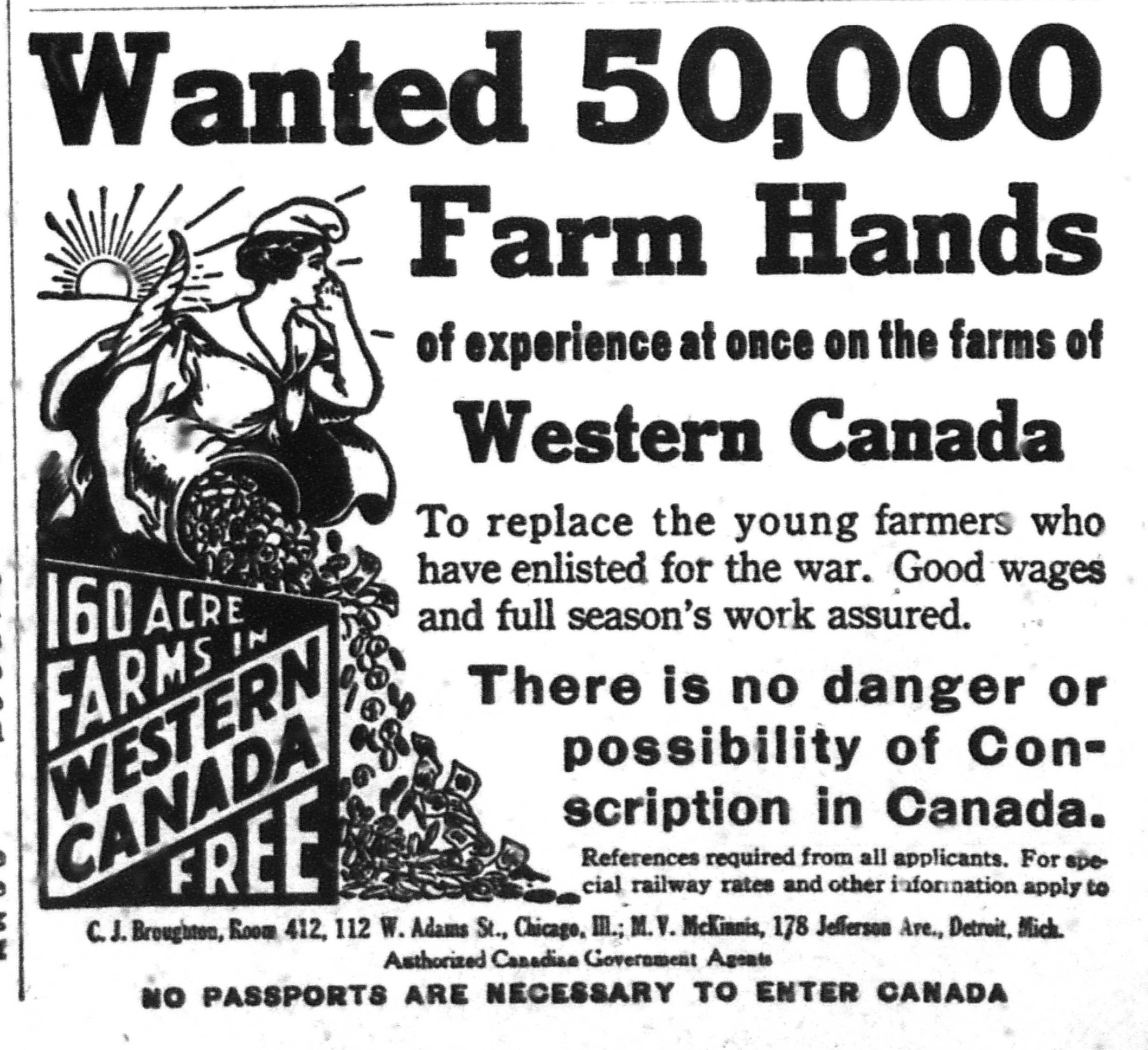 An ad from 1916 seeking farm hands for Canada