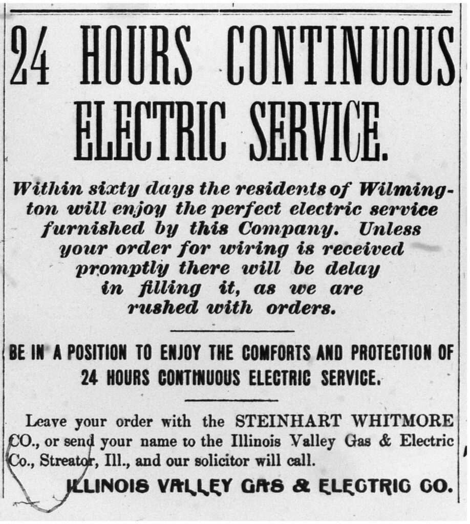 An ad from 1910 proclaiming 24 hour electric service, a novelty at the time
