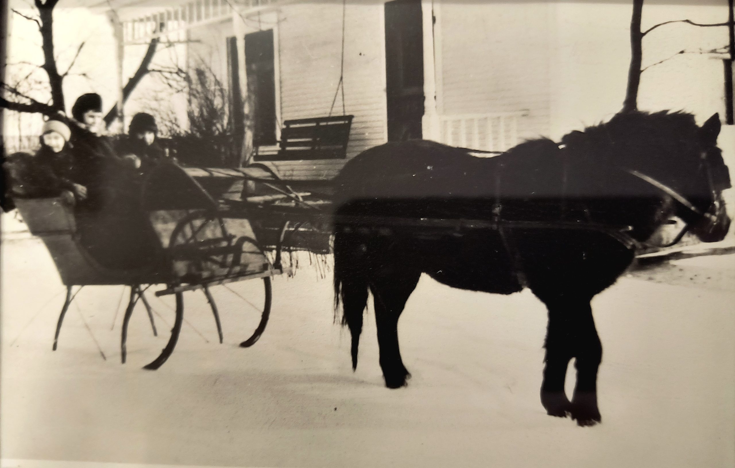 David and Laurel Rowley share this photo of three exited children preparing to go “dashing through the snow” in their “one horse open sleigh” in the late 1920s. The lucky kids are, from left, Monna (Milton) Rowley, June (Milton) Paddock and their brother George Milton. They were in the front yard of the George D. Milton farm in Homer Township.