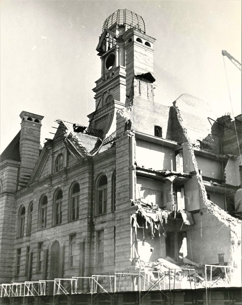 The old Will County Courthouse coming down in 1967, soon to be replaced by the new, Brutalist-style courthouse that now, too, is being demolished.