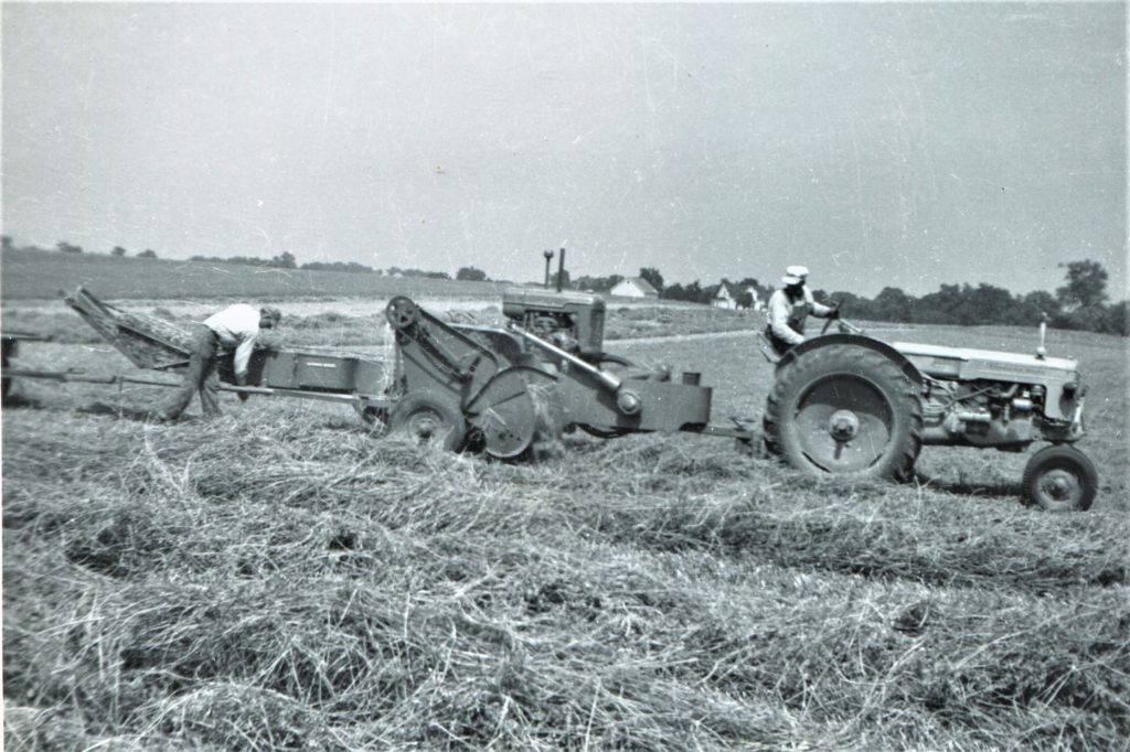 As it is now, hay baling was a big deal on the Kiefner farm in Manhattan in the 1950s, with Conrad on the tractor and Robert on the hayrack.