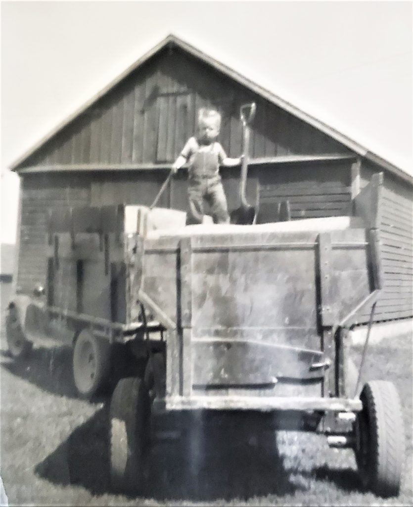 Leroy "Lee" Werner, 19 months, shows off the short-lived sport of truck-trailer surfing in 1951 on the old Model A. 