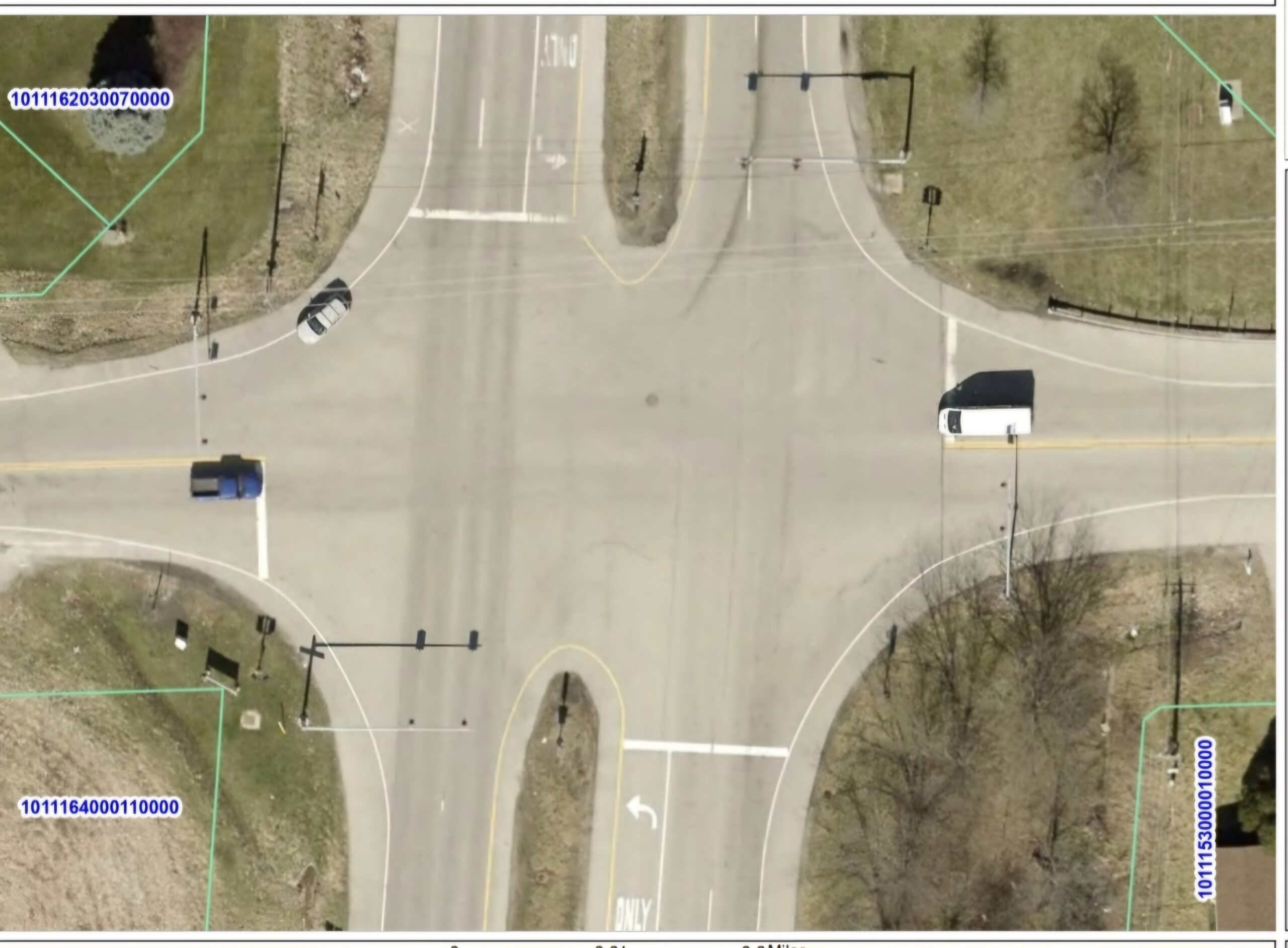 An aerial view of the intersection of Manhattan-Arsenal Road and Illinois 53, with north toward the top. Residents and the Jackson Township Highway Commissioner say the lack of left-turn lanes on Manhattan-Arsenal Road causes backups and may cause head-on collisions. The county will study a plan.