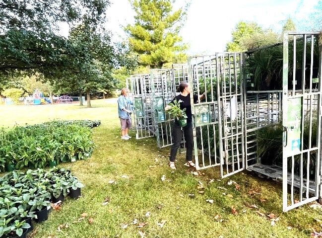 Cnplantings Kay Mierzwa, and Colleen Conwood unload plants.