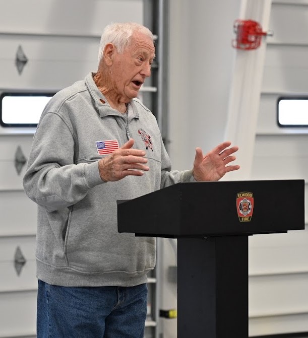 Fanning25-1 Norm Fanning addresses the crowd of family, friends and colleagues at the celebration honoring his years of service and the naming of the Elwood Fire District's training facility in his honor.(Photo by Stephanie Irvine)