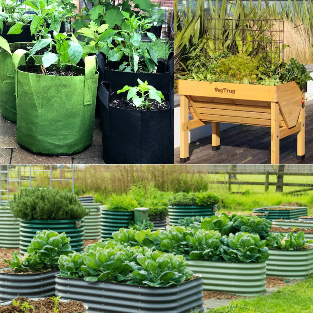 Raised bed gardens can come in all sizes and shapes: From upper left. Garden bags, raised bed garden trugs and metal raised beds.