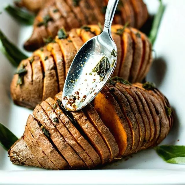 Hasselback Sweet Potatoes with sage and brown butter sauce