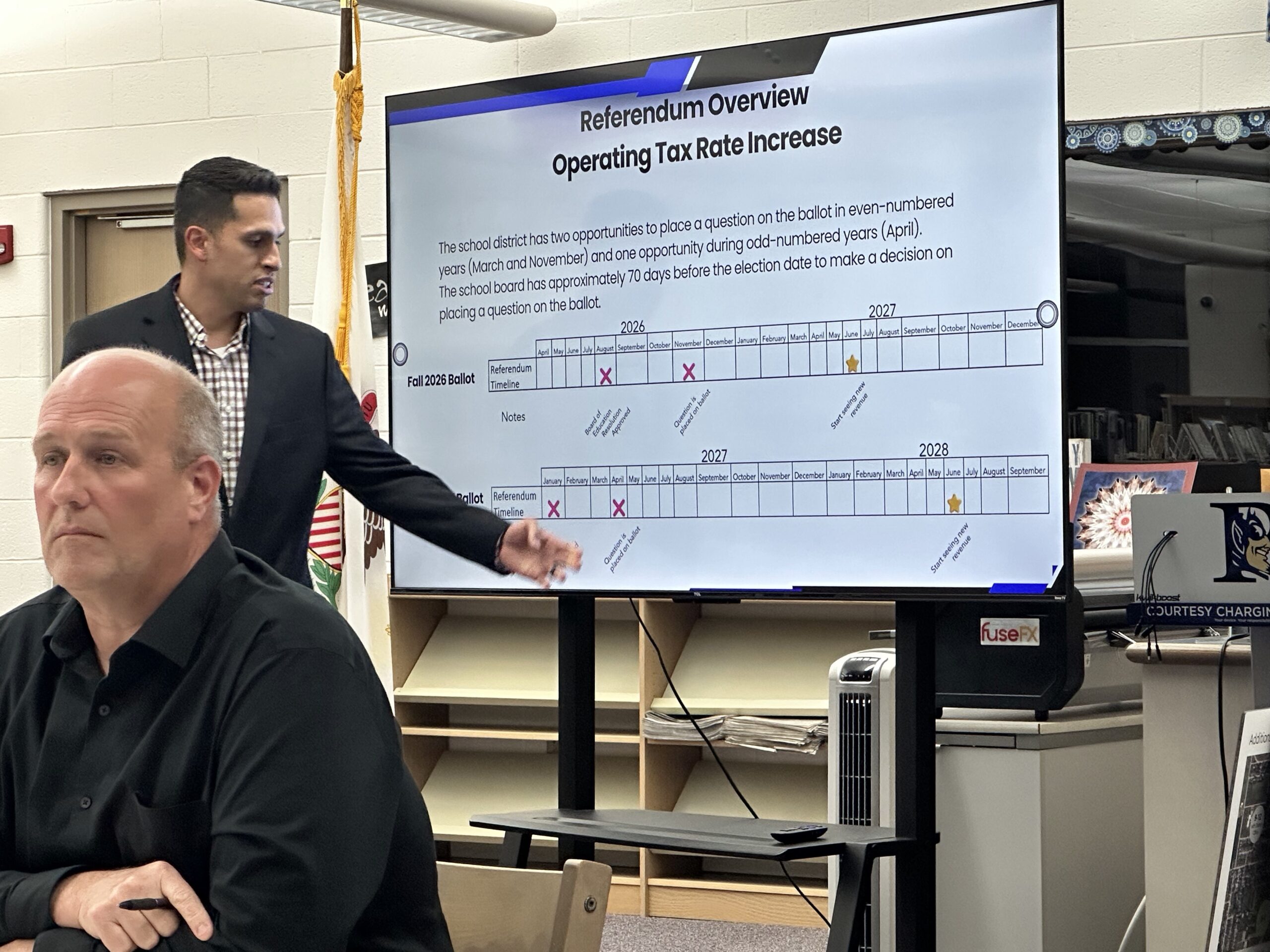 Outgoing Business Manager Adrian Fulgencio reviews possible referendum tax rate increases with the 207U School Board at their Committee of the Whole meeting on Monday April 27. Board member Tim Stoub looks at another screen with the same information.(Photo by Andrea Arens)