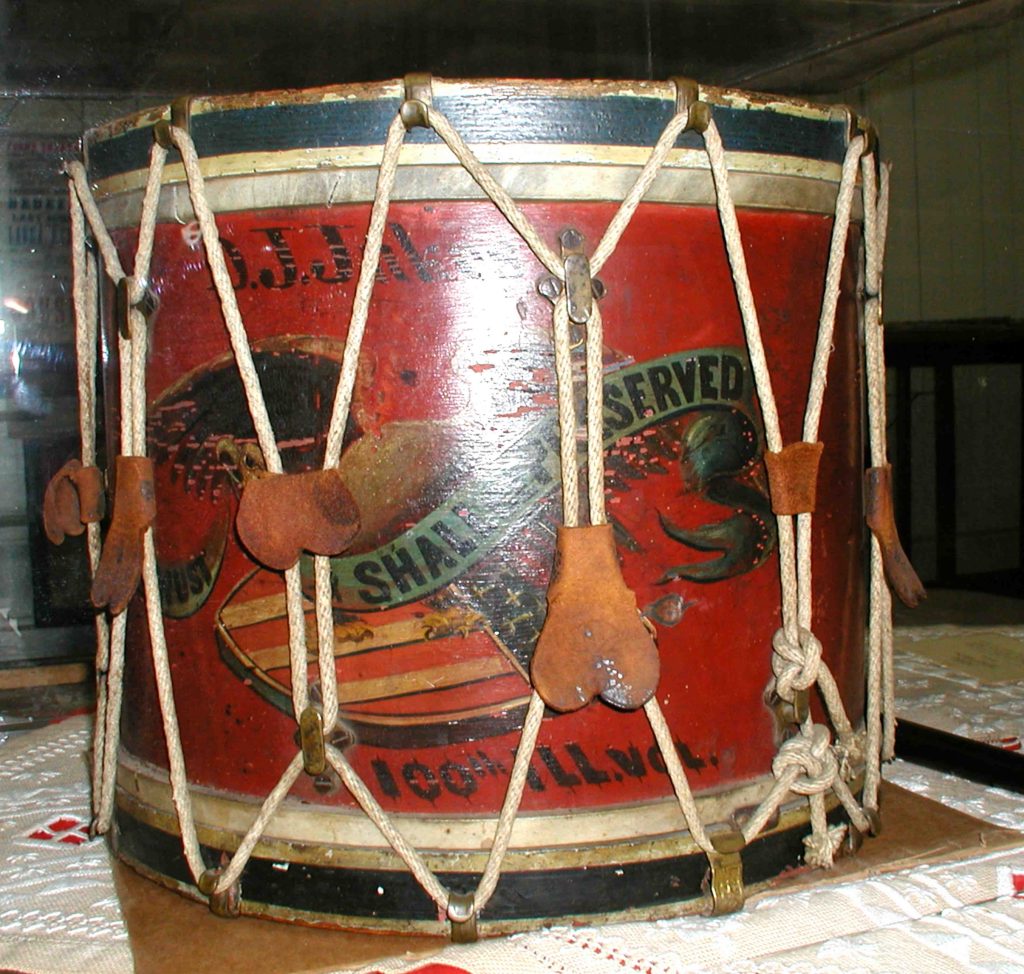 The 100th's drum, carried by J. J. Jukes of Wilmington, now in the collection of the Wilmington Area Historical Society.