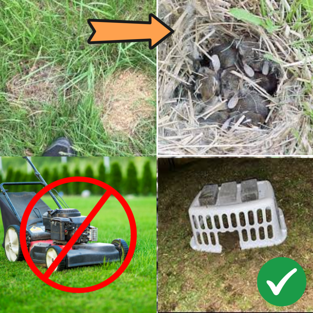 Just don't do it Clockwise from upper left: These seemingly dead-looking patches of soil are actually, an Eastern Cottontail Rabbit nest in a lawn, easy fix! Use an inexpensive dollar store plastic laundry basket with a small hole on 2 opposite sides for the adult to come and go while still protecting the nest/babies from mowing and predators.
