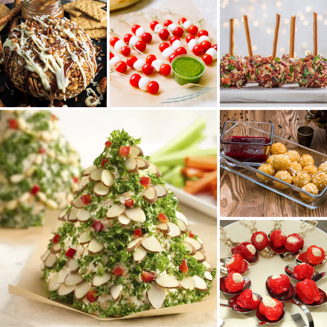 It’s not your grandmother's cheese ball anymore, well maybe it is. Whatever you choose, sweet or savory, cheese balls are an excellent addition to the holiday table. Clockwise from upper left: Carmel pecan cheesecake ball, bruschetta cheese balls, individual bacon cheese balls, cheddar cheese balls with hot pepper jelly, Peppadew cheese stuffed balls, Holiday Tree-shaped cheese ball.