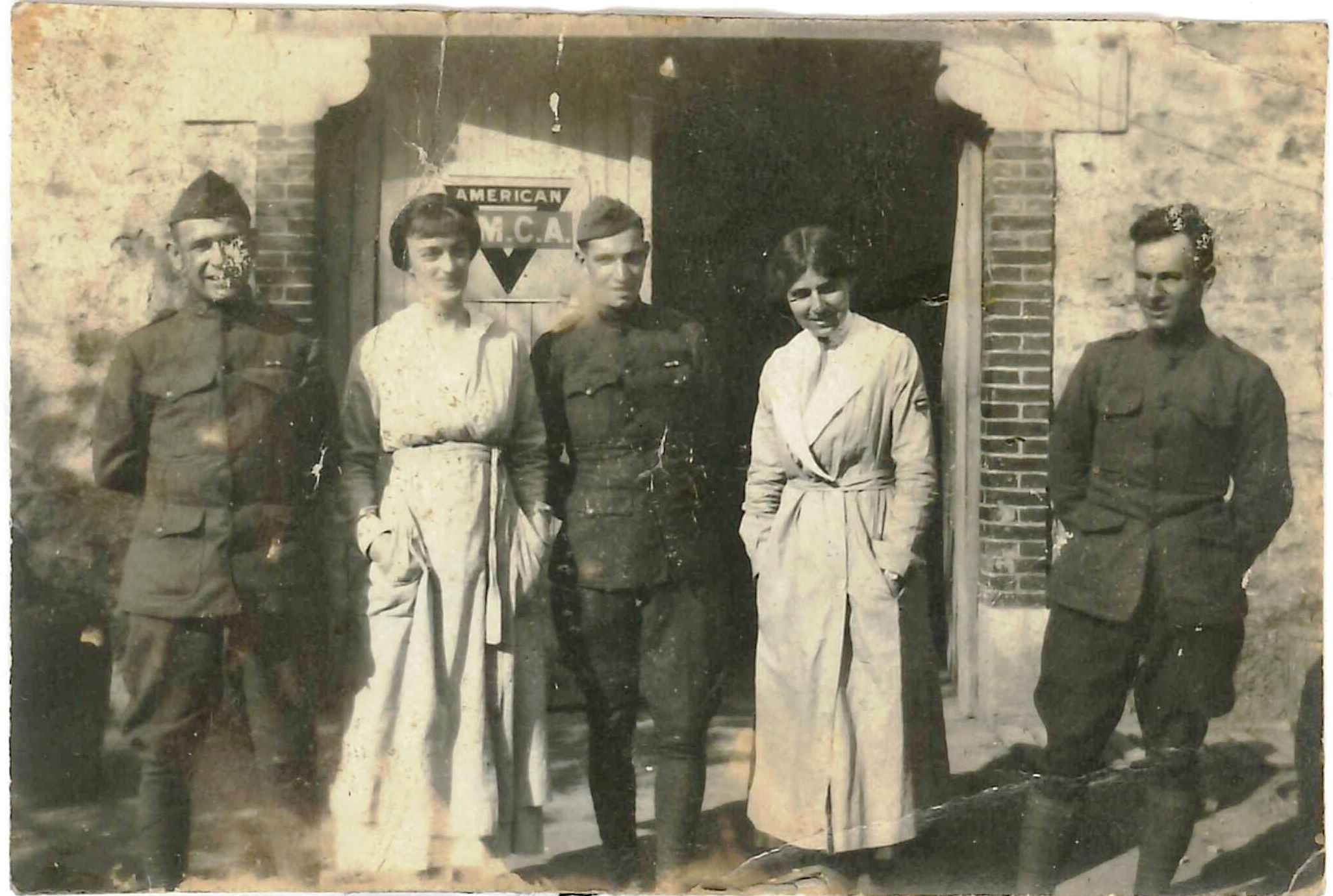 American WWI doughboys at a welcome center in France