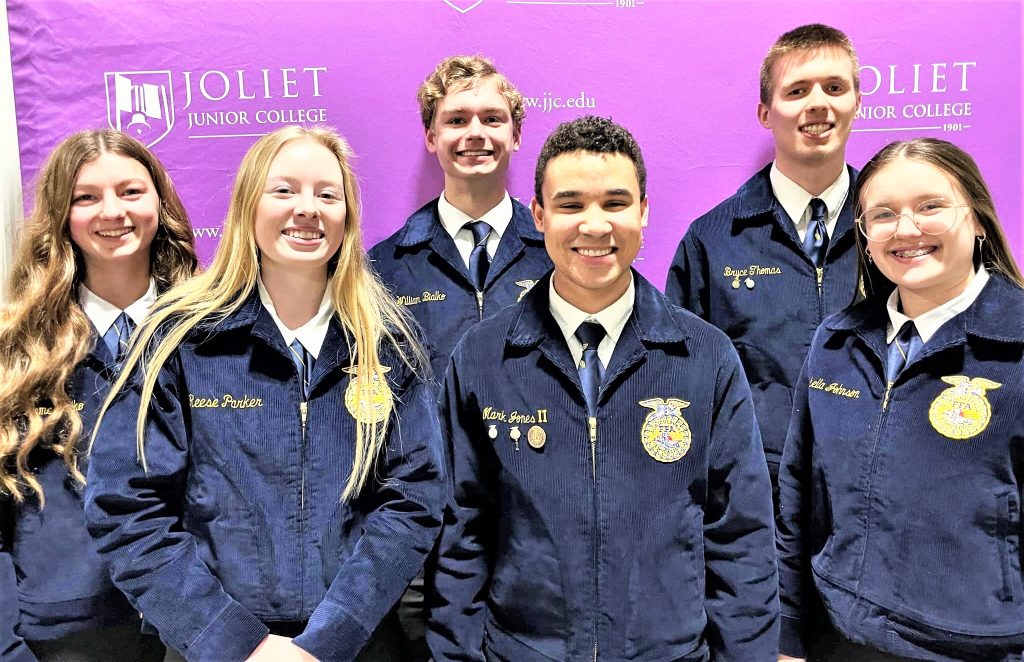 Emma Bialko, left, and Bryce Thomas, top right of the Peotone FFA Chapter were selected as the District II FFA Proficiency Winner in their respective areas on Wednesday, March 8, at Joliet Junior College's Weitendorf Agricultural Education Center.