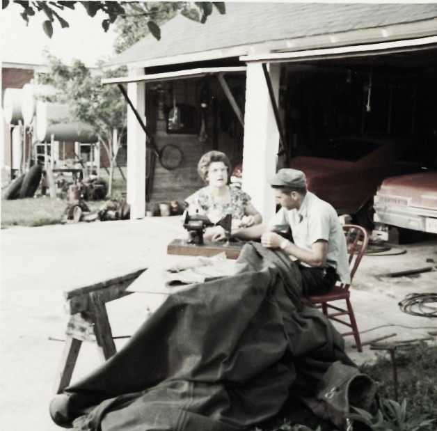 Sophie and Walter Seggebruch doin' some mending in front of the house on the Crete Farm in 1967.