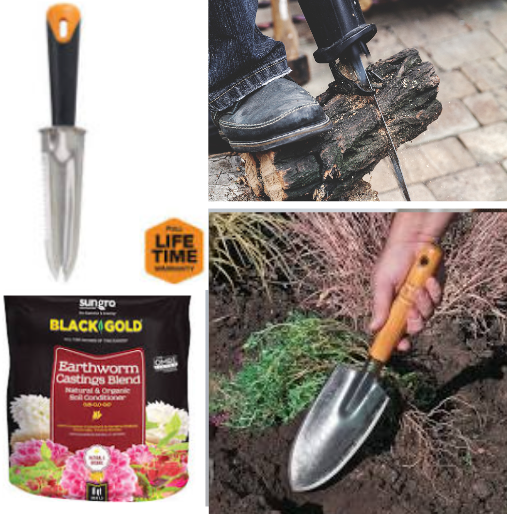 These are a few of my favorite gardening things ... Garden knife, cordless reciprocating saw, single-forged garden hand tools, and worm castings.