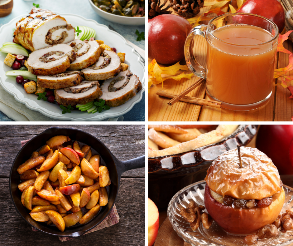 Apples aren’t just for fresh eating. Top from left-pork roast with apple stuffing, hot cider, baked apples (sweet or savory) and golden fried apples.