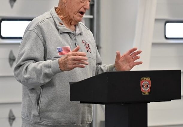 Norm Fanning addresses the crowd of family, friends and colleagues at the celebration honoring his years of service and the naming of the Elwood Fire District's training facility in his honor.(Photo by Stephanie Irvine)