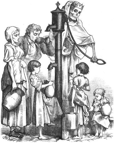 A drawing of death at a well where children and adults are sharing cholera-contaminated water
