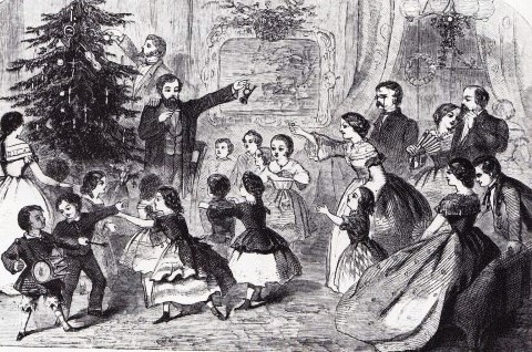 A depiction of a Christmas party in a school house in the 1870s