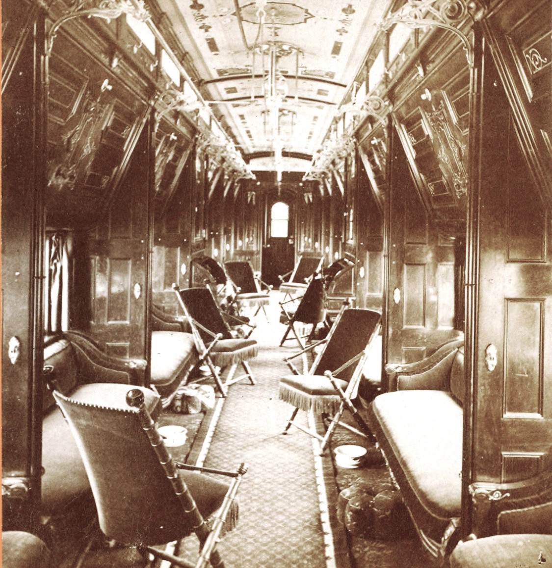 The interior of a C & A Palace Reclining Chair sleeping car