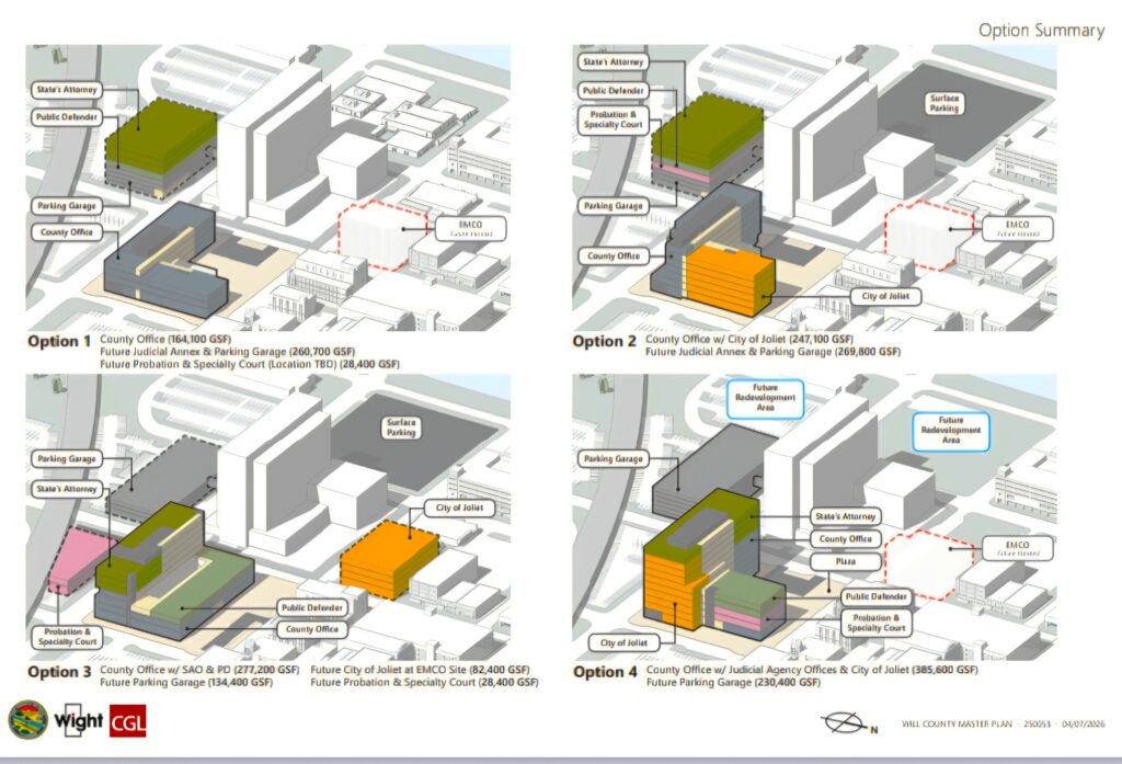 Jason Dwyer of Wight and Co. presented four options for construction of a new county building to the County Board's Capital Improvements Committee, including two that would combine city and county offices.