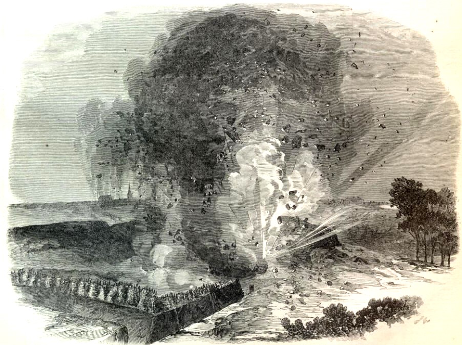 A rendering of an explosion at Fort Hill during the Vicksburg campaign.