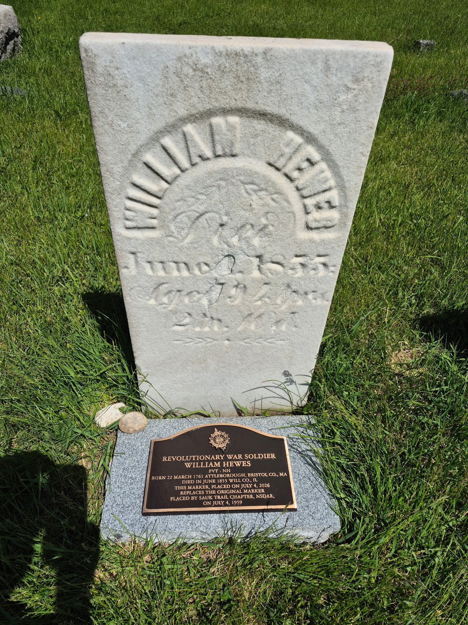 The Sauk Chapter of the Daughters of the American Revolution hosted a re-dedication ceremony earlier this month, unveiling a new marker and plaque for Revolutionary War Patriot William Hewes, buried at Crete Cemetery. (Photo courtesy of the Crete Area Historical Society)