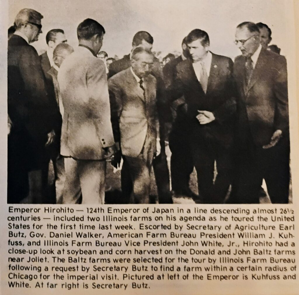 A newspaper clipping from the visit by Emperor Hirohito of Japan to the Donald Baltz farm in Troy Township on Oct. 7, 1975.