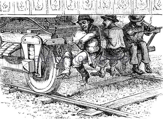 This litho shows tramps riding the rails.