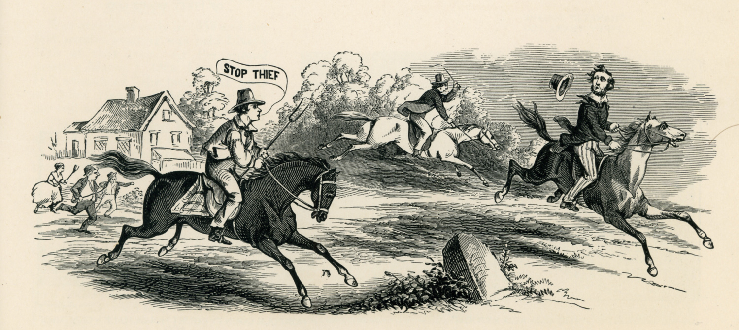 A 19th century depiction of a citizen going after a horse thief