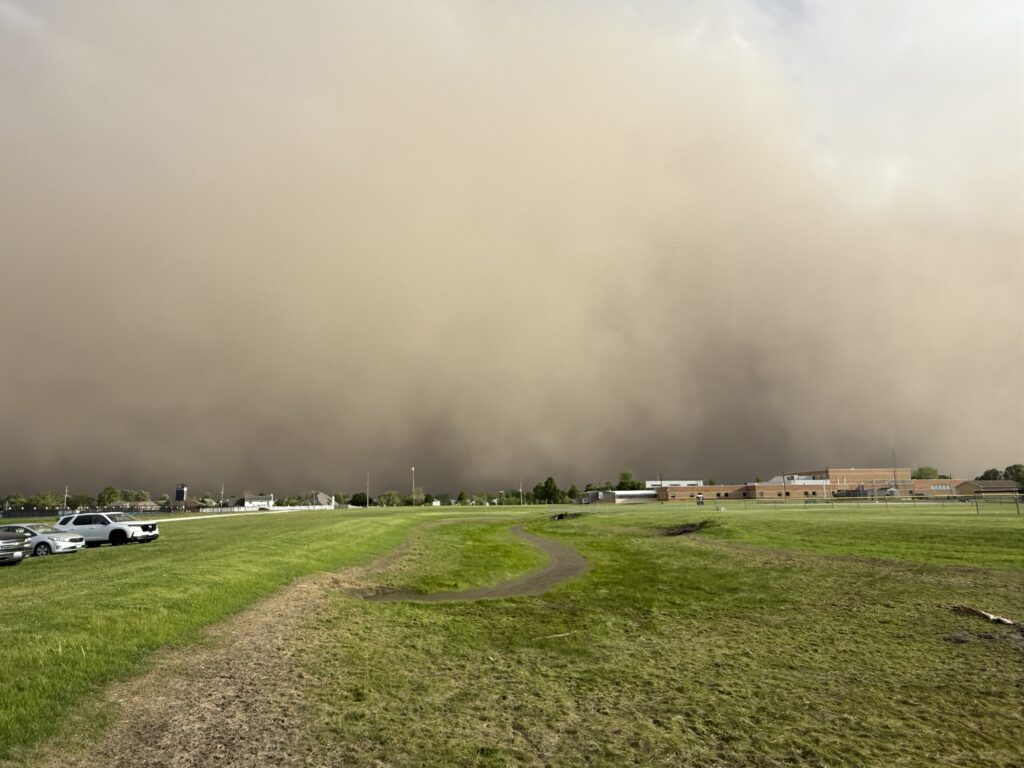 image0 (1) Kyle McGraw shares this photo of the approaching dust storm that canceled the Manhattan Celtics 9U League practice Friday evening. Strong thunderstorms to the south caused winds of up to 60 mph to sweep to the north across dry farm fields that had just been planted. This resulted in the first dust storm warning in Chicago since the 1930s, and the first in Illinois since May 2023.