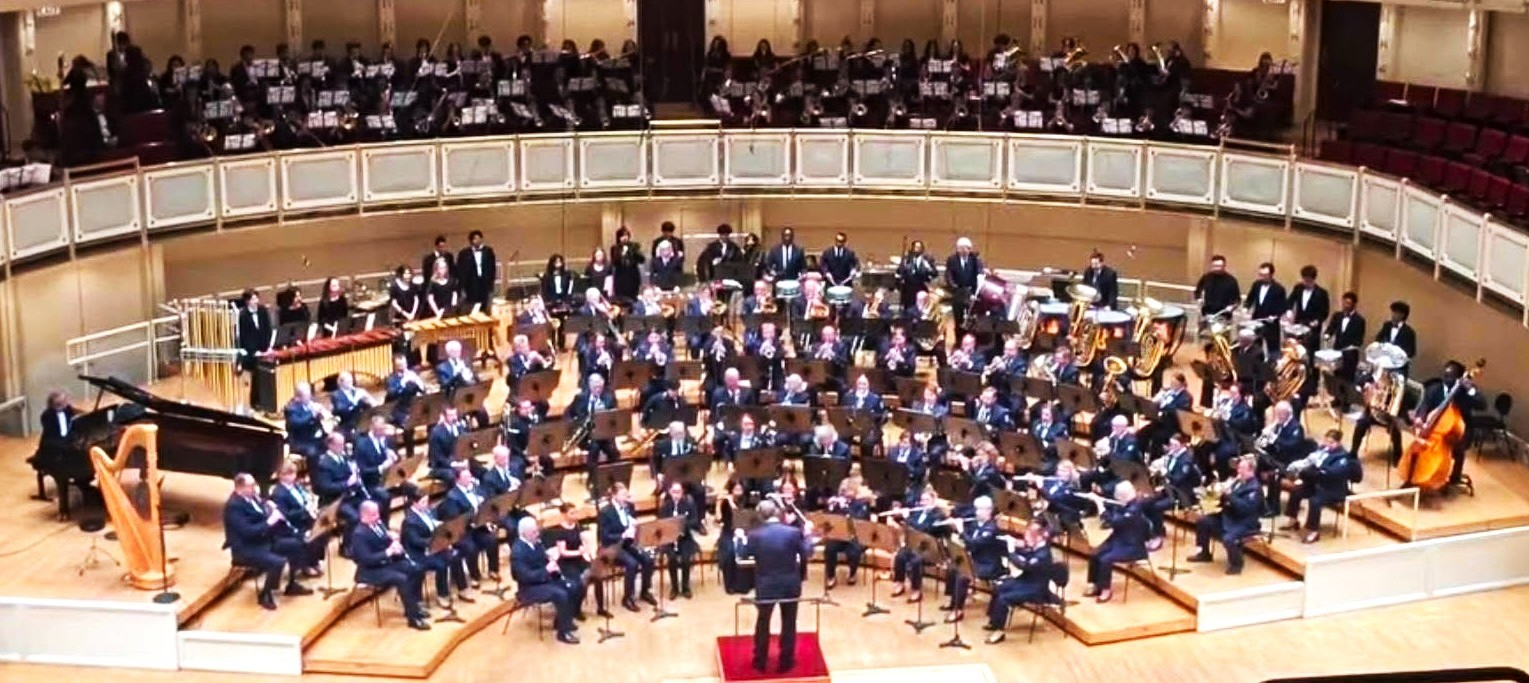 Within the confines of Orchestra Hall at Symphony Center in the heart of Downtown Chicago, a combined concert was performed by Joliet Central and Joliet West High School Symphonic Bands, in conjunction with the Joliet American Legion Band on Wednesday, April 15. All bands individually presented their very own program of select musical pieces, followed by a combined rendition of John Philip Sousa's "Stars and Stripes Forever." (Photo submitted by Veronica Konow)