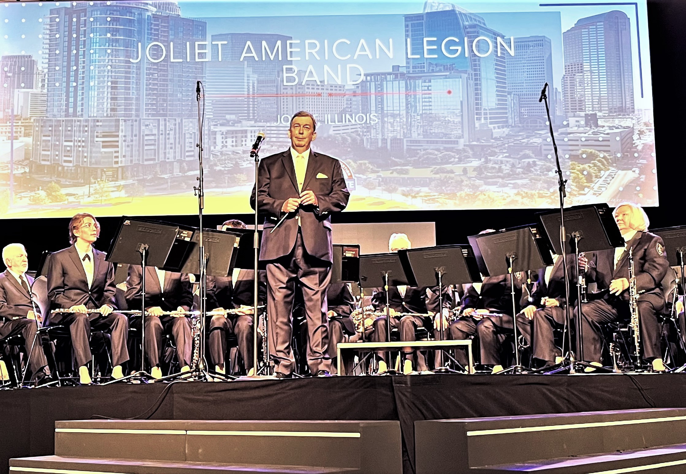 Upon the Joliet American Legion Band taking to the stage on Saturday, Aug. 26, in Charlotte, NC, Concert Master Ken Spreitzer addressed the band prior to Director Mike Fiske stepping to the podium. After performing three fine classical arrangements, including the Crosley March by composer Henry Fillmore, the Joliet American Legion Band was awarded first place, making this their 39th national title since they began competing in 1946. (Photo courtesy of Veronica Konow)