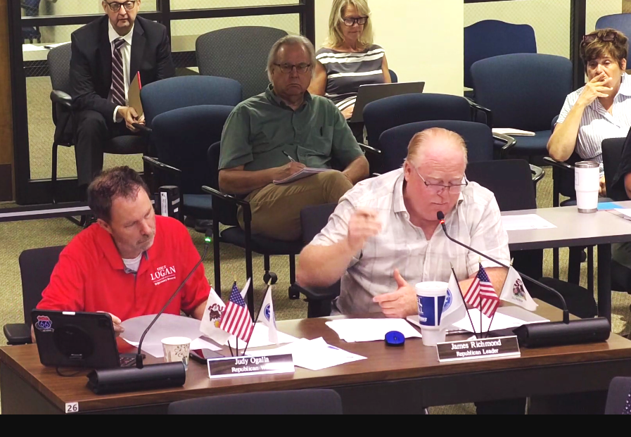 Will County Board Republican Leader Jim Richmond, R-Mokena, makes a point during a July 14 Committee-of-the-Whole discussion on whether to consider forming a land bank, as Board Member Vince Logan, R-Joliet, takes notes. Will County Executive Jennifer Bertino-Tarrant, back right, listens to the comments. The full board withdrew consideration at its July 16 meeting.