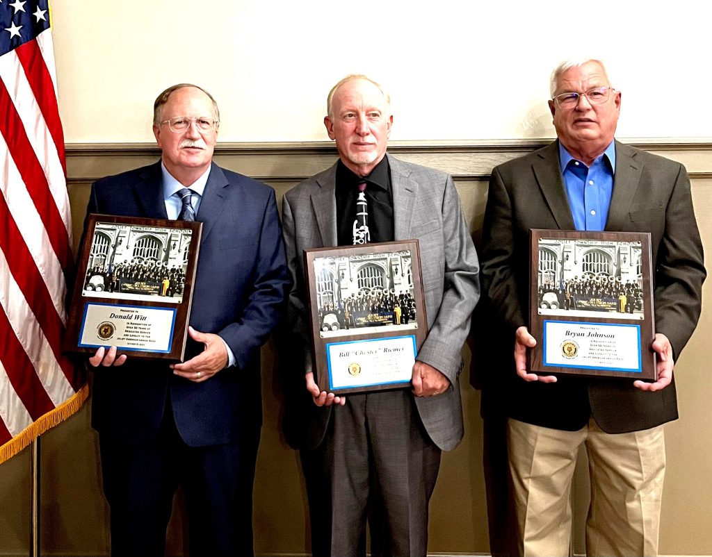 During the Joliet American Legion Band's 77th Annual Victory Banquet, three members were presented with a plaque in recognition of being an active performing musician in the JALB for the past 50 years each: From left, Donald Witt, Bill Reimer and Bryan Johnson.