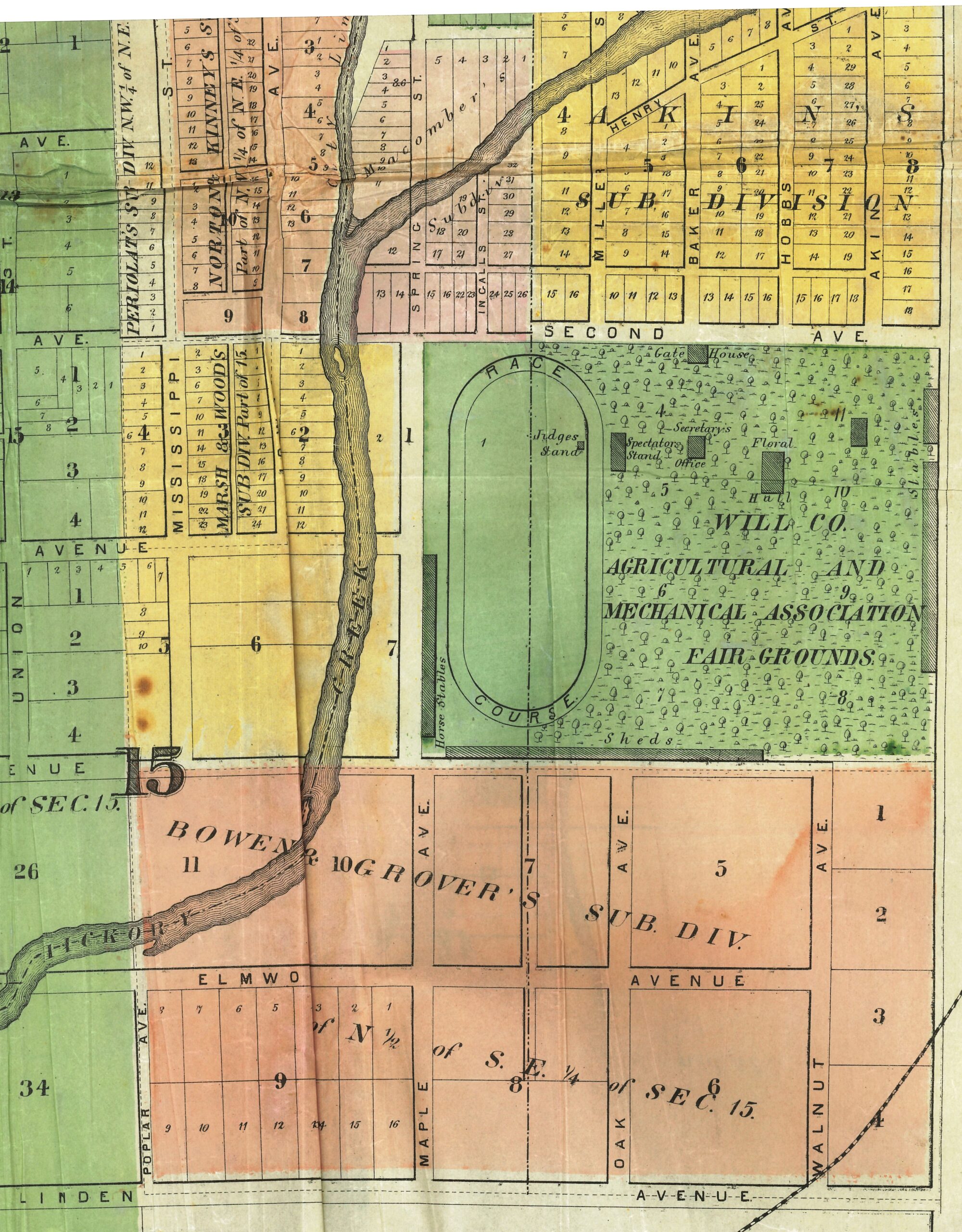 A plat map of Joliet from 1873 showing the location of the first county fair, on the East Side, east of Hickory Creek, between Second and Fourth avenues.