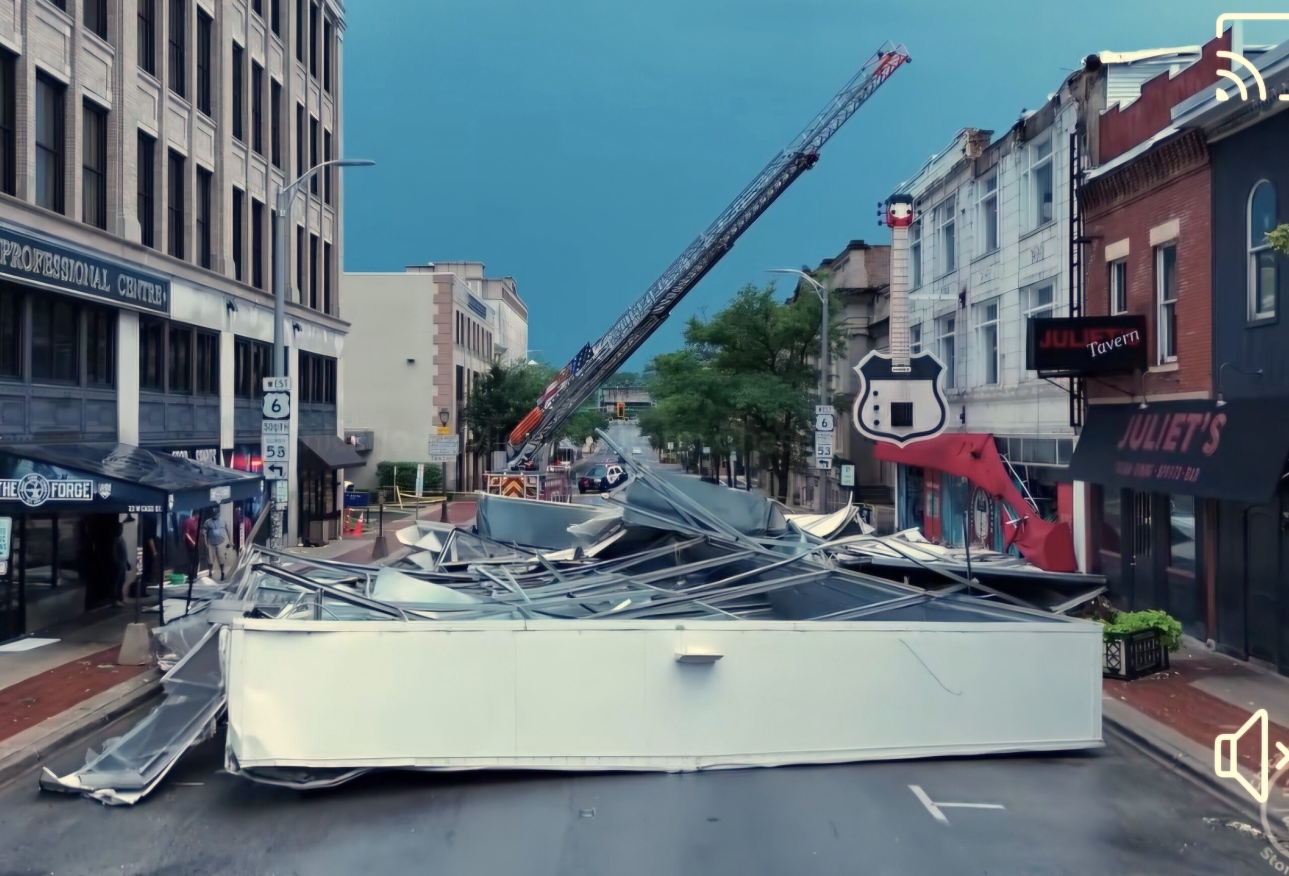 This photo from a video taken by Ron Romero, Executive Director and Board Chair of the Illinois Rock and Roll Museum in Joliet, shows the damage to the museum from a July 14 storm that hit Downtown Joliet.
