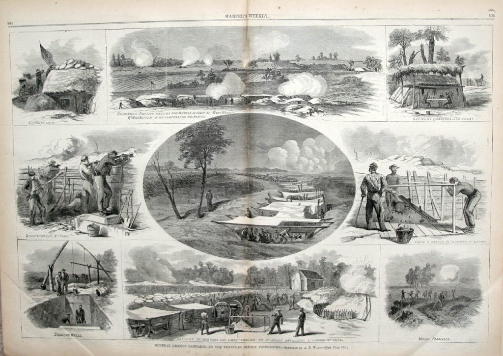 A full page from Harper's Weekly showing scenes of Petersburg.