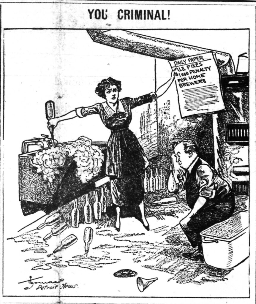 A cartoon of a woman destroying her husband's home brew
