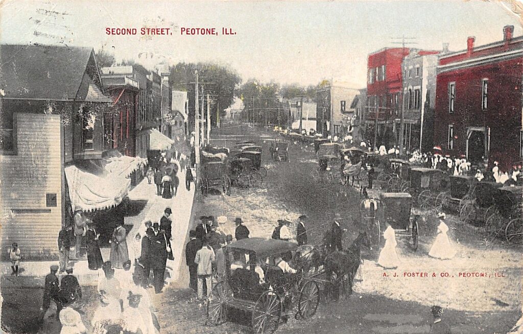 second st crowd This photo shows a elevated view of 2nd Street on a busy Saturday afternoon around 1890 in Peotone.