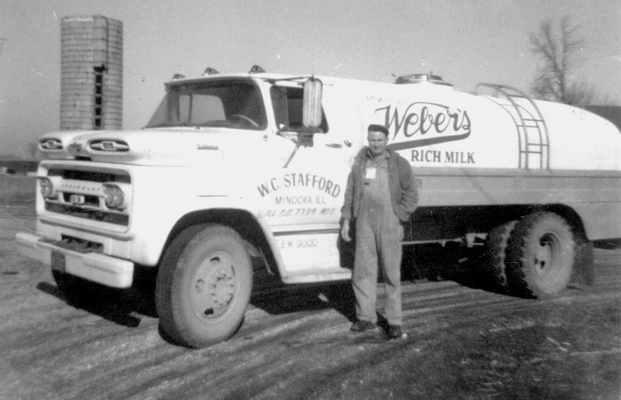 Peg (Stafford) Furto shares this photo of father, Bill Stafford, Sr., who hauled milk from area dairy farmers to Weber Dairy in Joliet almost all of his life, until he stopped in approximately 1972 or 73. He started out hauling milk in cans in approximately 1936, before buying his own bulk truck in the early 1960s. They lived on a farm in Will County near Minooka at the time these pictures were taken around 1960. He bought the land from his father, Art Stafford, and helped farm it with his brother, George Stafford, Sr.