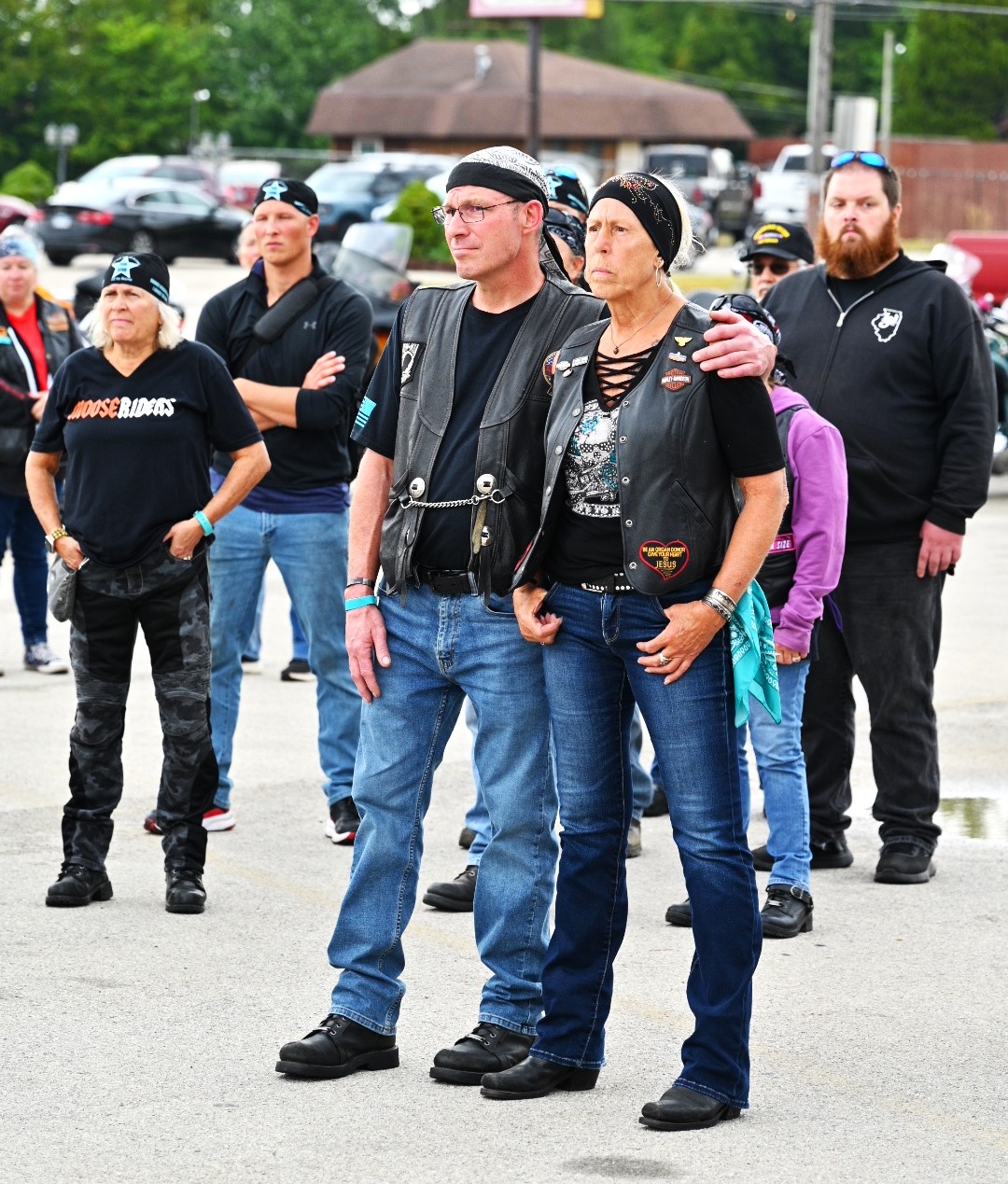 Ralph Heggemann supports friend and Teal Star mother, Gloria McArthur, who lost her son, a veteran, Chris. They were among those assembled at Wilmington VFW Post 5422 September 21 at the annual Teal Star Run, a motorcycle ride raising awareness of PTSD and suicide among veterans.(Photo by Stephanie Irvine)