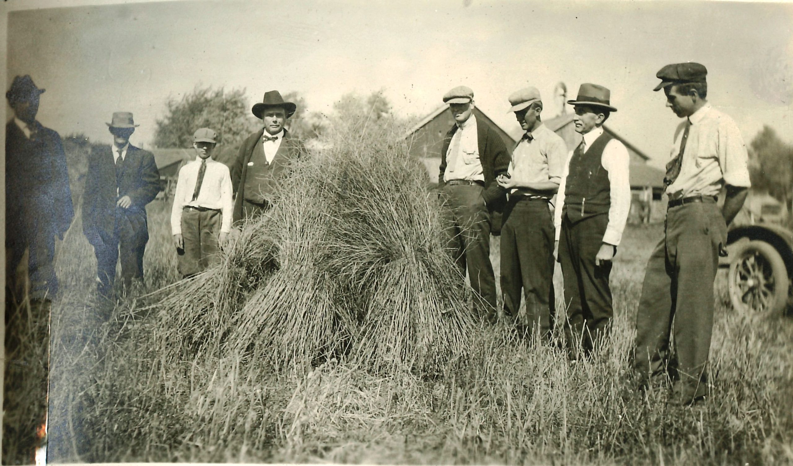 Our historian, Sandy Vasko, shares this photo of the guys inspecting Hubam sweet clover on the farm of H. W. Oglendorf of Crete during an auto tour in 1915.