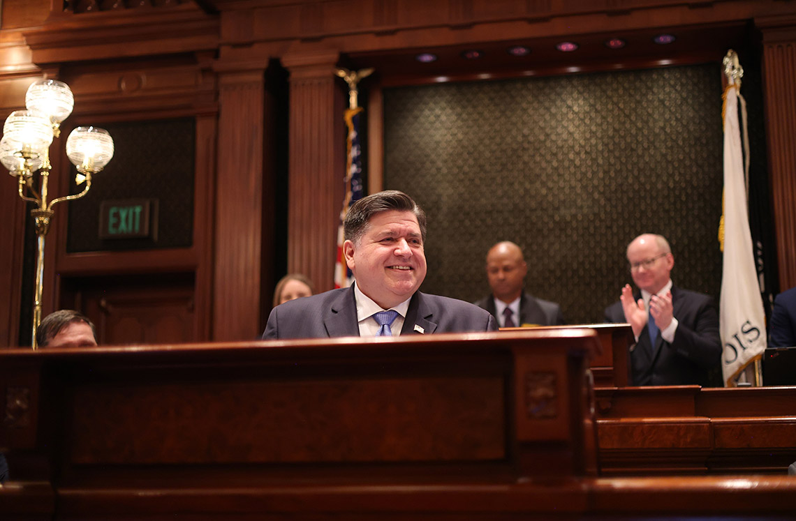 Governor JB Pritzker delivers his State of the State and budget address before the General Assembly at the Illinois State Capitol, Wednesday, Feb. 19, 2025. (Brian Cassella/Chicago Tribune/pool)