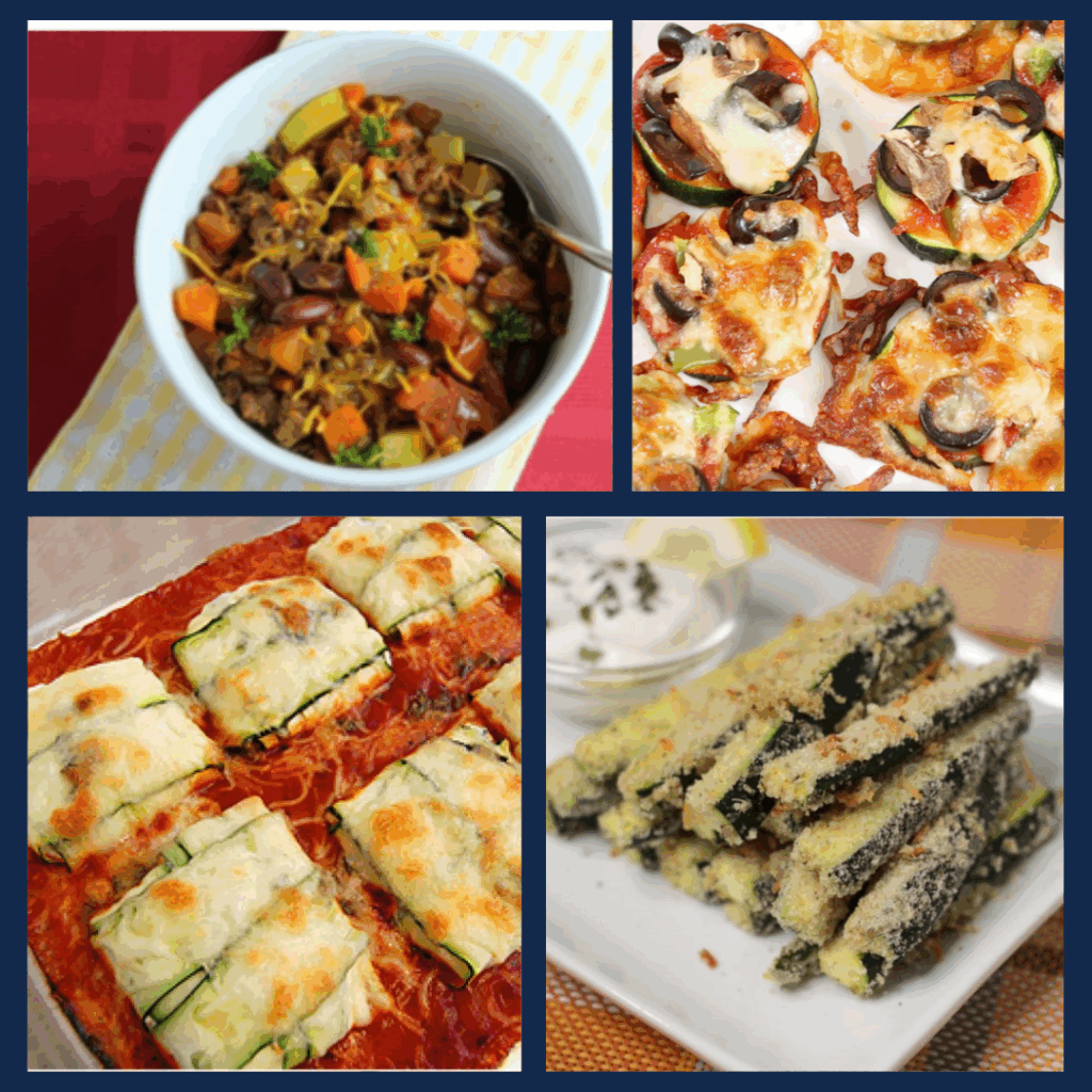 Using up extra zucchini isn’t just for desserts. Try these savory options: (Clockwise from Upper Left) Summer Garden Chili, Zucchini Pizza Bites, Baked Zucchini Sticks, and Zucchini Lasagna Roll Ups.